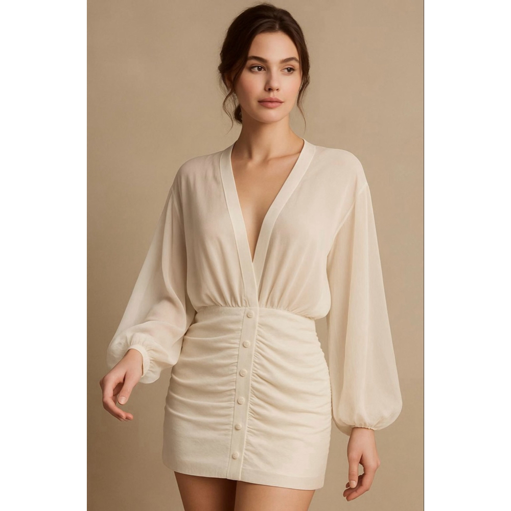 Women's PattyBoutik White Blouse Long Sleeve Sz Lg V Neck Romantic Feminine Chic